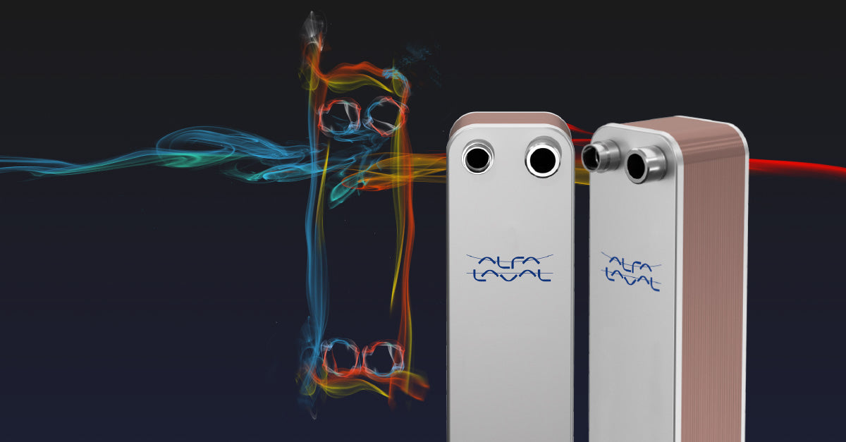 An official Alfa Laval graphic with a dark background showing two compact brazed plate heat exchangers next to a colorful smoke illustration that visualizes the internal fluid flow and heat transfer paths.